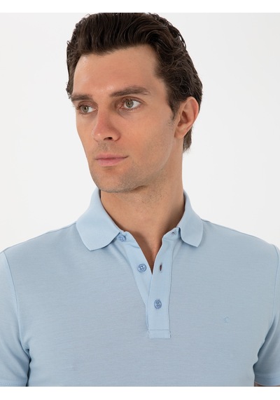 Buz Mavisi Slim Fit Polo Yaka Pamuklu Basic T-shirt Acık Mavı