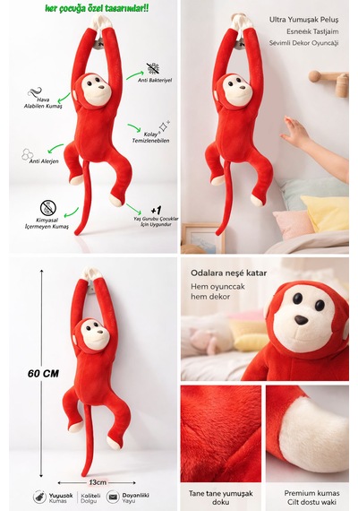 Maymun Yapışkanlı Vikvik Sesli 60cm - Maymun Peluş Oyuncak Açık Kırmızı