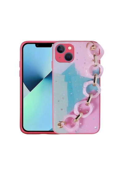 Apple Uyumlu iPhone 13 Uyumlu Simli Desenli El Askılı Tutacaklı Zore Elsa Silikon Kılıf-pembe Koyu Pembe Koyu -