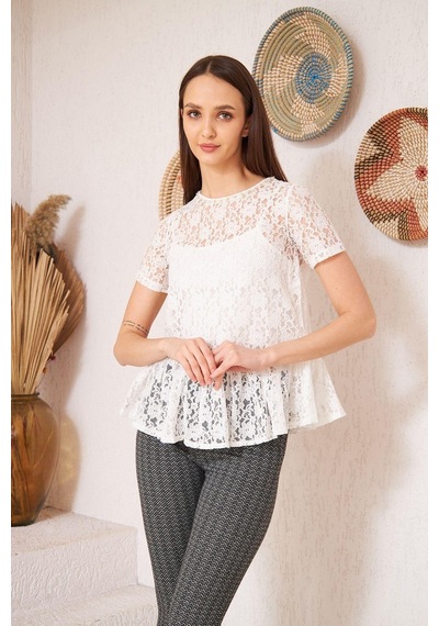 Darlin Moda Beyaz Dantelli Yakası Boncuk Detaylı Astarsız Bluz DM10331 Beyaz