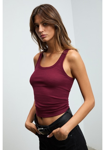 Ethıquet Lıllesol Kadın Fitilli Görünümlü Slim Fit Vücuda Oturan Havuz Yakalı Pamuklu Basic Bordo At