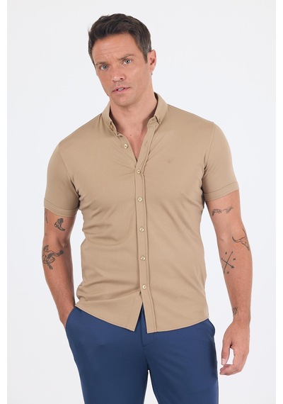 İmza Koyu Bej İtalyan Düğmeli Yaka Kısa Kol Cepsiz Slim Fit Gömlek 1004250255 Koyu Bej