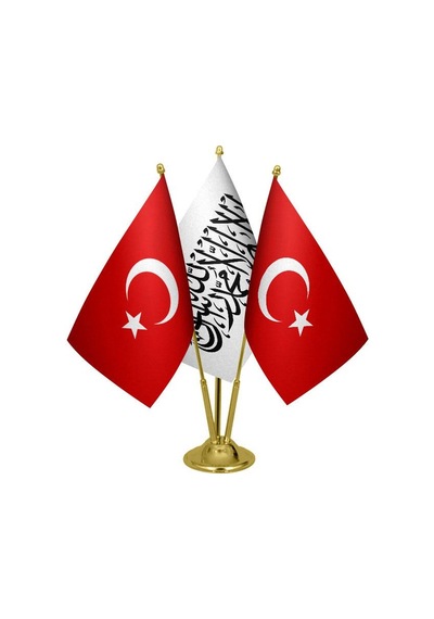 Masa Üstü Afganistan Bayrağı Türk Bayrağı Üçlü Pirinç Direk Masa