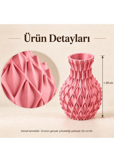 Yaprak Kabartmalı Dekoratif Vazo 20 Cm Kuru Çiçek Ve Pampas Vazosu Pembe
