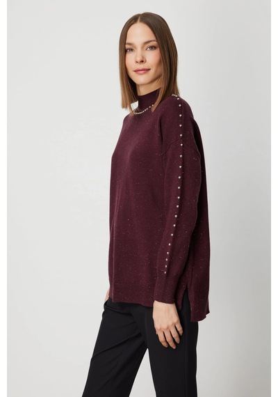 On Fashion Kadın Zımba Detaylı Bordo Kazak 60307 Bordo