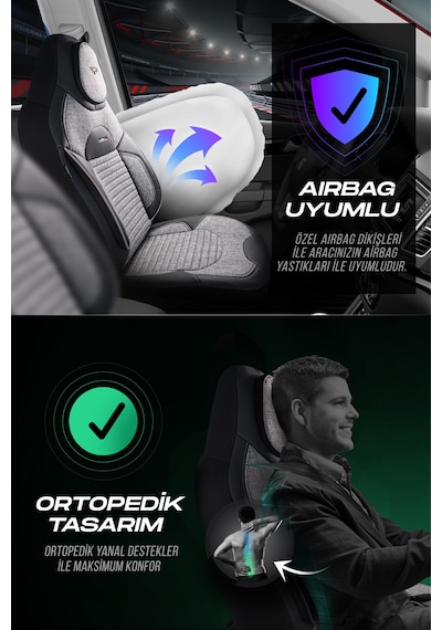 Gri - Siyah Panda Enzo Serisi Keten Kumaş Oto Koltuk Kılıfı - Tam Set