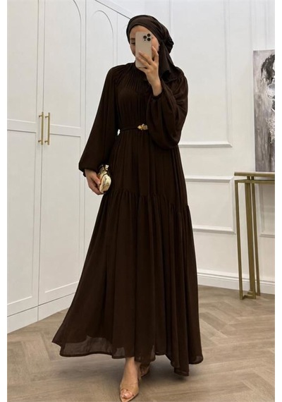 Neşeli Butik Kadın Kahverengi Balon Kol Astarlı Kuşak Detaylı Şifon Tesettür Elbise ---- Nms095 Neşeli Butik Kadın Kahverengi Balon Kol Astarlı Kuşak Detaylı Şifon Tesettür Elbise ---- Nms095