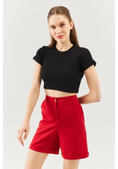 Butikgiz Kadın Kısa Kol Bisiklet Yaka Vücuda Oturan %100 Pamuklu Kaşkorse Esnek Crop Bluz Siyah