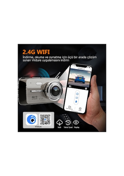 4k Ultra Hd Wifi Araç Kamerası Ön 4k Arka 1080p 7/24 Park Modu G-sensör Park Kiti Hediye