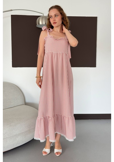 Verymoda Kadın Pötikare Desenli Askı Bağlama Detaylı Maxi Elbise D3108 Pudra