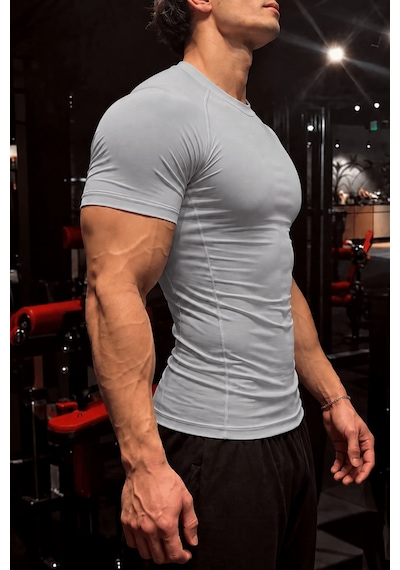 Genius Store Erkek Dalgıç Kumaş Compression Spor Tişört Muscle Body Fit Gym Antrenman T-shirt Compression-t-shirt Gri