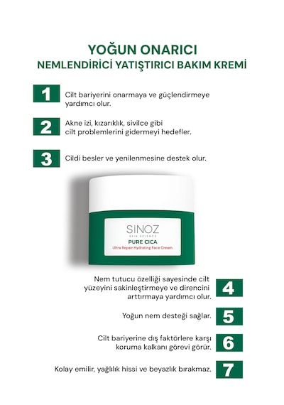 Sinoz Pure Cica Tahriş Olmuş Hasarlı Ciltlere Özel Bakım Kremi 50 ML