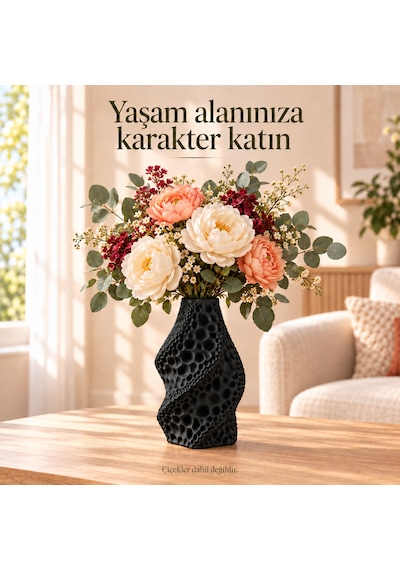 Dekoratif Vazo Burgu Formlu Taş Dokulu Modern Kuru Çiçeklik Siyah