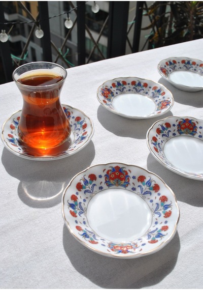 6'lı Porselen Çay Tabağı Etnik Vintage Çini Motifli Çay Tabak 10 Cm - Ahura Kırmızı