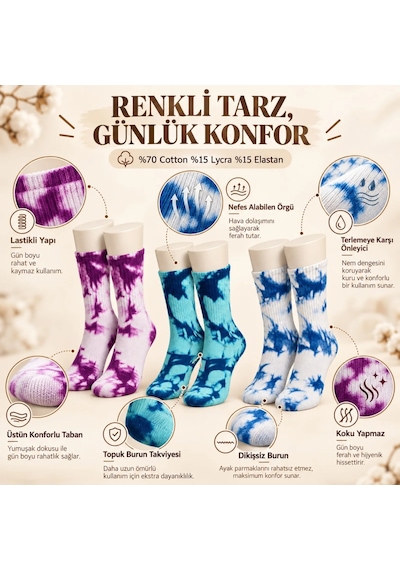 Bezos Unisex Batik Desenli Çorap 3'lü Set Pamuklu Renkli Uzun Soket Dikişsiz Nefes Alan Spor Çorabı Günlük Erdotıca Çok  Renkli