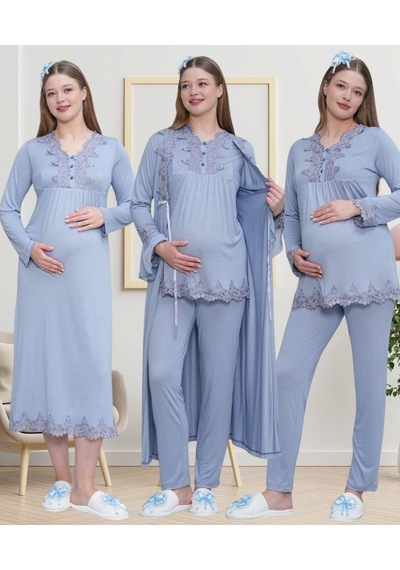 Mecit Pijama Mecit 1519 Bayan Hamile Lohusa Mavi Sabahlık Gecelik Pijama Seti