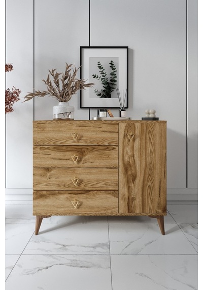 Simple 4 Çekmeceli 1 Kapaklı Modern Şifonyer Ceviz Ceviz