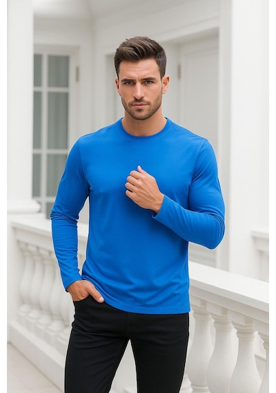 Rich Erkek Uzun Kollu Bisiklet Yaka Tişört - %100 Pamuk Basic Relaxed T-shirt Mavi