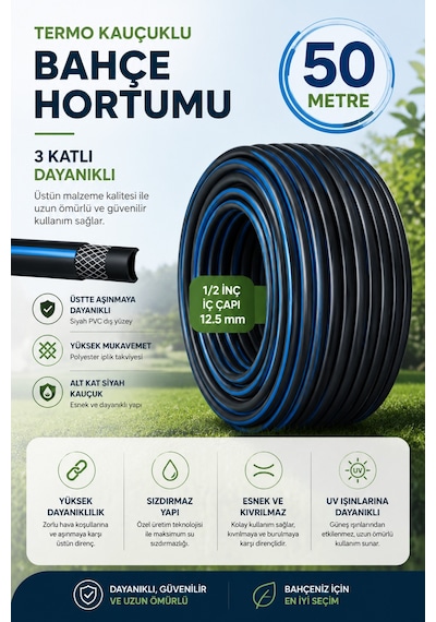 Termo Kauçuklu Bahçe Hortumu 50 Metre 3 Katlı Dayanıklı Su Sulama Ve Araç Yıkama Hortumu Diğer