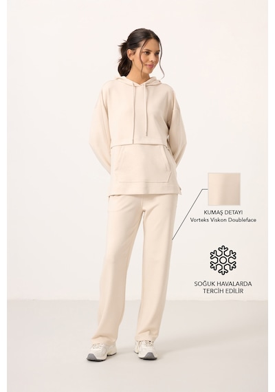 Bej Yumuşak Dokulu Kapüşonlu Oversize Kadın Eşofman Tunik Takım - 95348 Bej