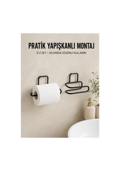 2 Adet Yapışkanlı Wc Kağıtlık Siyah Metal Pratik Duvar Tipi Rulo Tutucu Düz Renkli Düz Renkli