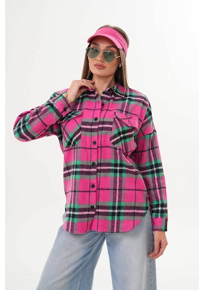 Polologin Butik Fuşya Yeşil Cepli Spor Kesim Gömlek Pembe