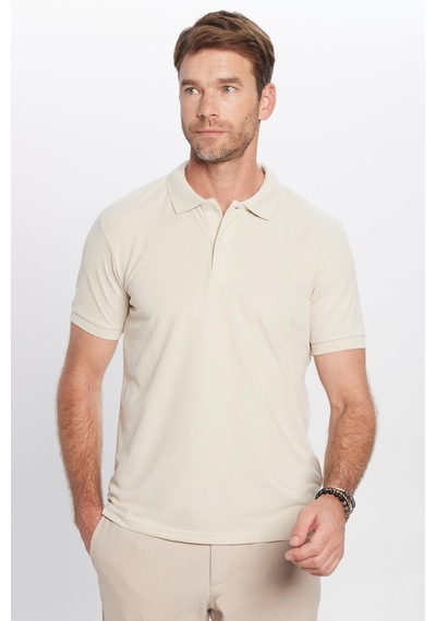Tudors Erkek Slim Fit Dar Kesim Pamuklu Yumuşak Dokulu Serin Tutan Kumaş Düz Pike Beyaz Polo Yaka Tişört-31629 Taş