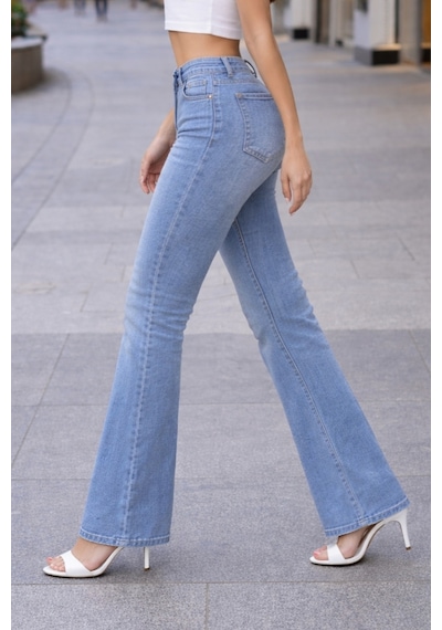 Cedy Denım Yüksek Kalite Kadın 5 Cep Düşük Bel İspanyol Paça Skinnyfit Esnek Jean Pantolon C619 Açık Mavi