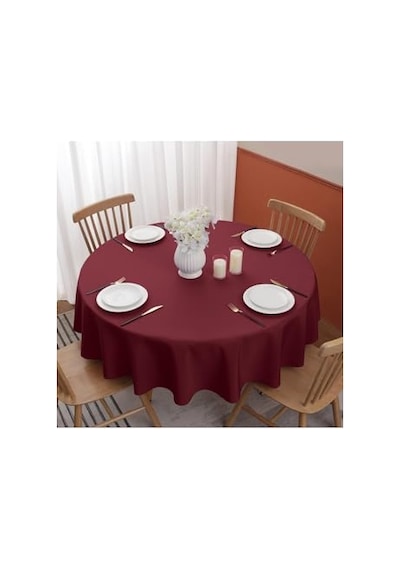 Sıvıya Dayanıklı Yuvarlak Dertsiz Keten Masa Örtüsü Bordo, 180 X 180, Collec-aktarim02 Açık Bej