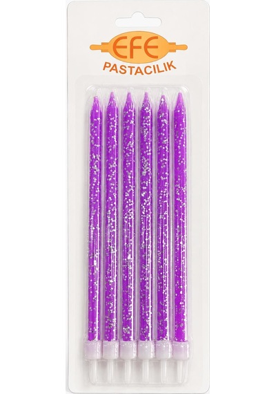 Mor Gümüş Simli Uzun Pasta Mumu 17 Cm Karışık