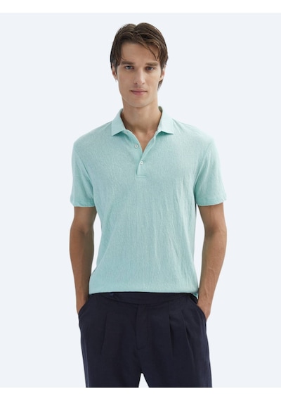 Kip Su Yeşili Düz Polo Yaka Pamuk Karışımlı T-shirt Su Yeşili