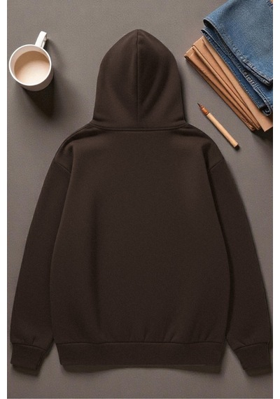 Uyguntarz Unisex Renkli Kurdele Baskılı Kapüşonlu Sweatshirt Kahverengi