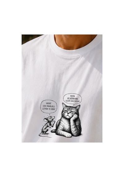Qmen Style Unisex Beyaz Oversize Baskılı T-shirt Espirili Kedi Baskılı %100 Pamuk