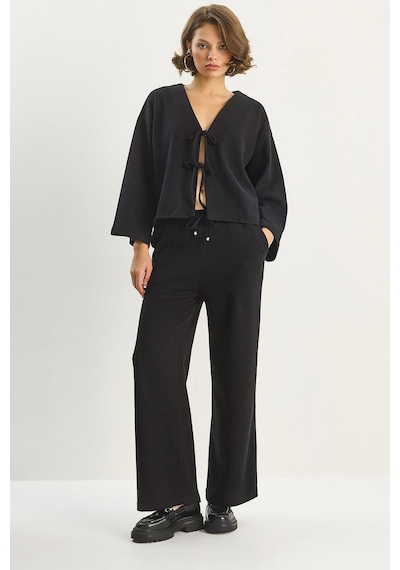 Shade Kadın Bağlama Detaylı Kimono Yüksek Bel Bol Pantolon Selanik Takım 7028 60283640 - Siyah