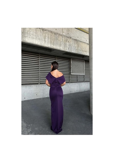 Lior Design Kadın Trend Dik Yaka Taş Detaylı Maxi Abiye Elbise Mor