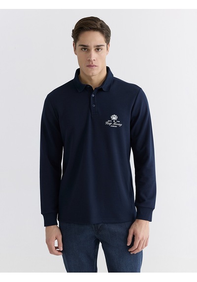 Lcwaıkıkı Classic Lacivert Polo Yaka Baskılı Erkek Sweatshirt
