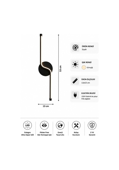 Gena Modern Led Duvar Apliği Günışığı Siyah