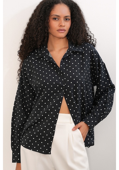 Bigdart Kadın Oversize Puantiyeli Gömlek 20392 - Siyah