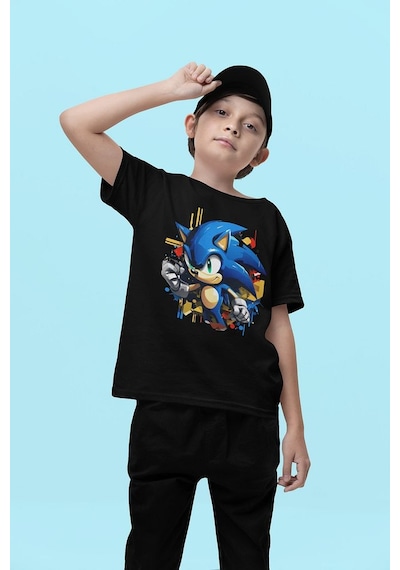 Sevbano Sonic Baskılı Unisex Oyun Çocuk Tişört 1-12 Yaş SIYAH