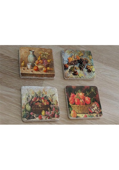 Natürmort Meyveler Doğal Taş Bardak Altlığı 4'lü Set - Natural Stone Coasters - Taş Çok Renkli