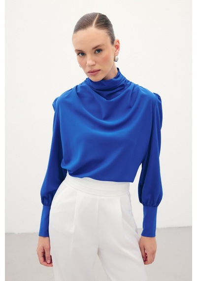 Sateen Drape Detaylı Bluz - Sax Mavi