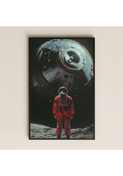 Ay Yüzeyinde Kırmızı Astronot Ve Uzay Modülü Temalı Pleksi Tablo