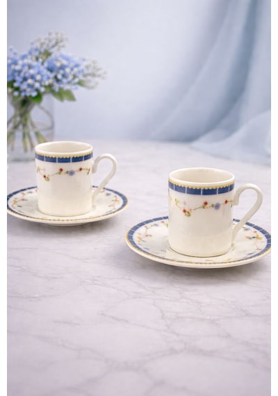 2 Kişilik Porselen Çiçek Dalı Kahve Fincan Takımı Seti 90ml Beyaz