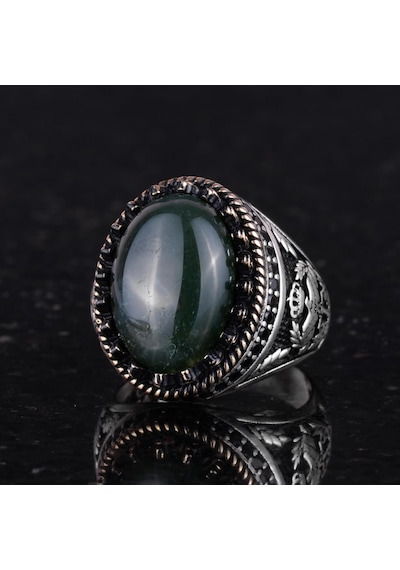 Gerçek Doğal Taş Yüzük - El Yapımı Kartal Yüzüğü - 925 Ayar Gümüş Moss Agate Yüzük Gümüş