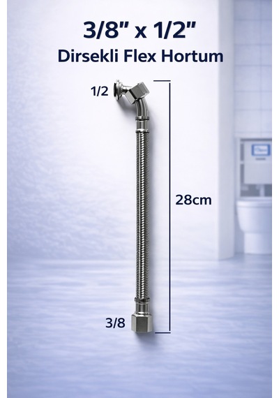 Gömme Rezervuar Fleks Hortum Dirsekli 3/8 X 1/2 Çelik Örgülü Bağlantı Hortumu 28 Cm Gri