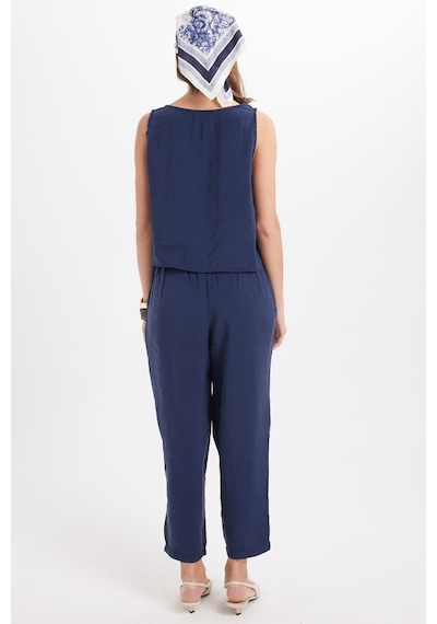 Tudors Kadın Standart Fit Normal Kesim Likralı Bisiklet Yaka Bluz Geniş Paça Lacivert Pantolon Takım-50958