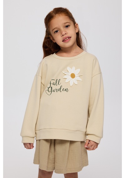 Panço Kız Çocuk Çiçek Motifli Sweatshirt Krem