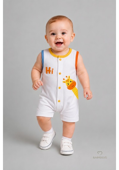 Babyden's Erkek Bebek Tulum Yazlık Pamuklu Şortlu Çıtçıtlı Zürafa Baskılı Bebek Tulumu Yenidoğan Bebek Giyim 0-9 Ay Beyaz
