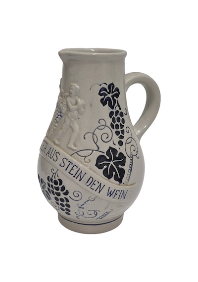Vintage Kabartma Motifli Taş Seramik Şarap Sürahisi 20cm