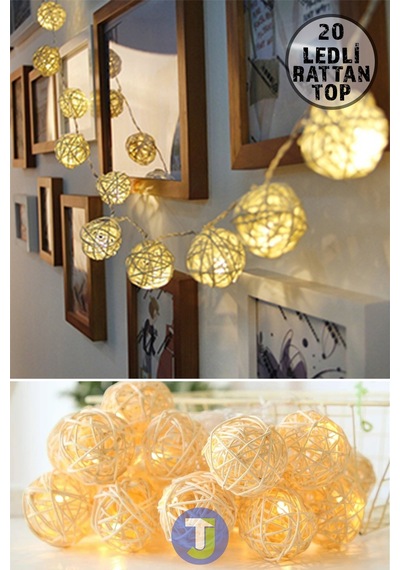 Technojet Dekoratif Rattan Model Fişli Şerit Top Led Yılbaşı Parti Doğum Günü Süsleme 20'li Sarı